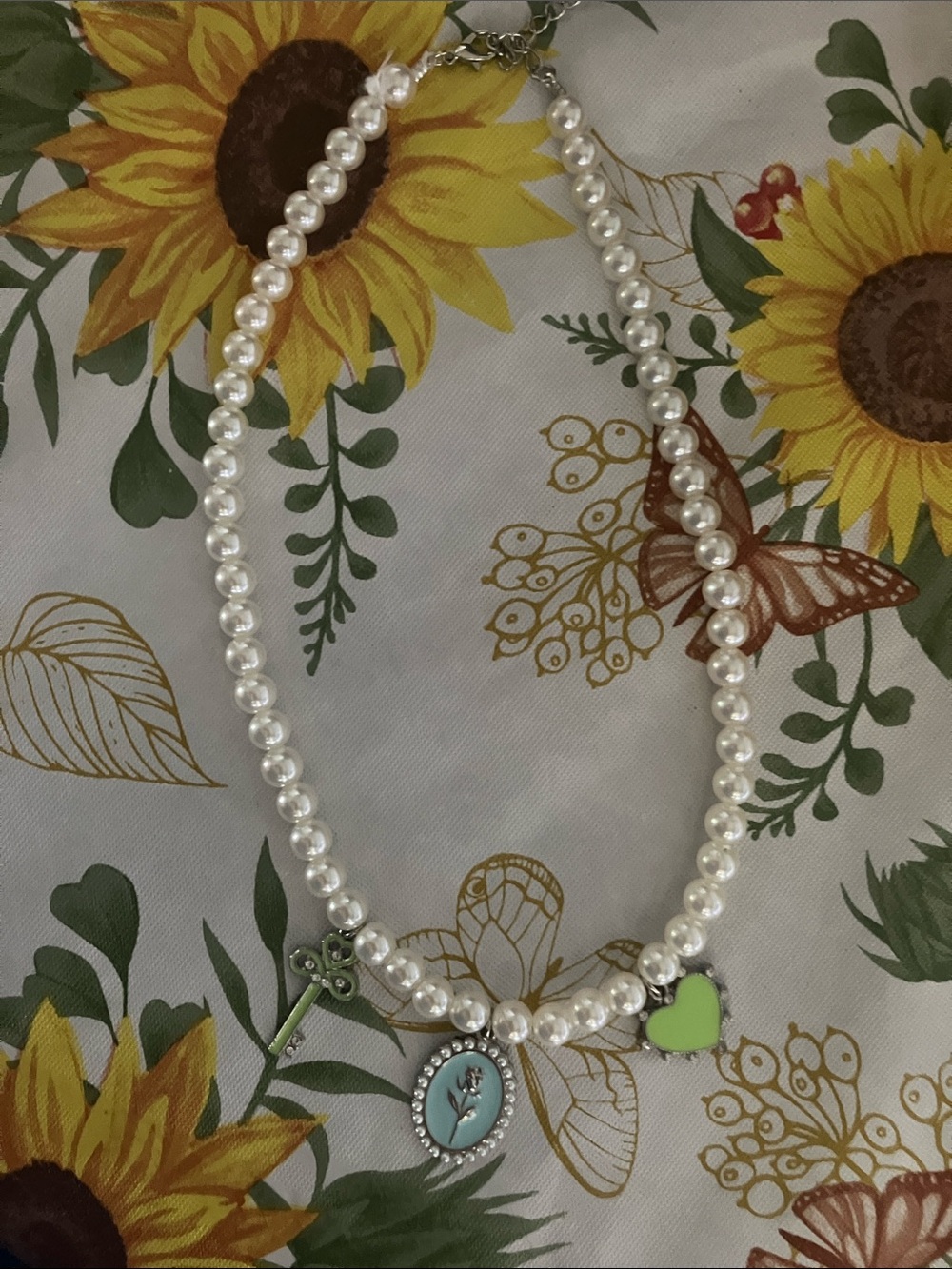 Pearl Bead Necklace with Green Heart and Blue Pendant
